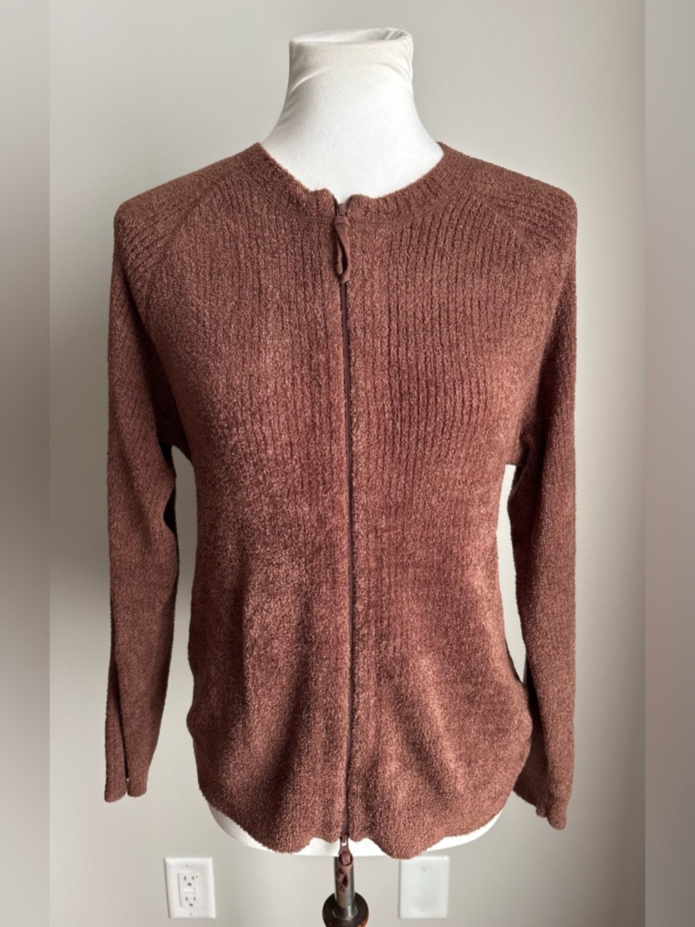 Vintage Y2K J Jill Ribbed Double Zip Fluffy Boucle Cardigan Sweater Brown Size M